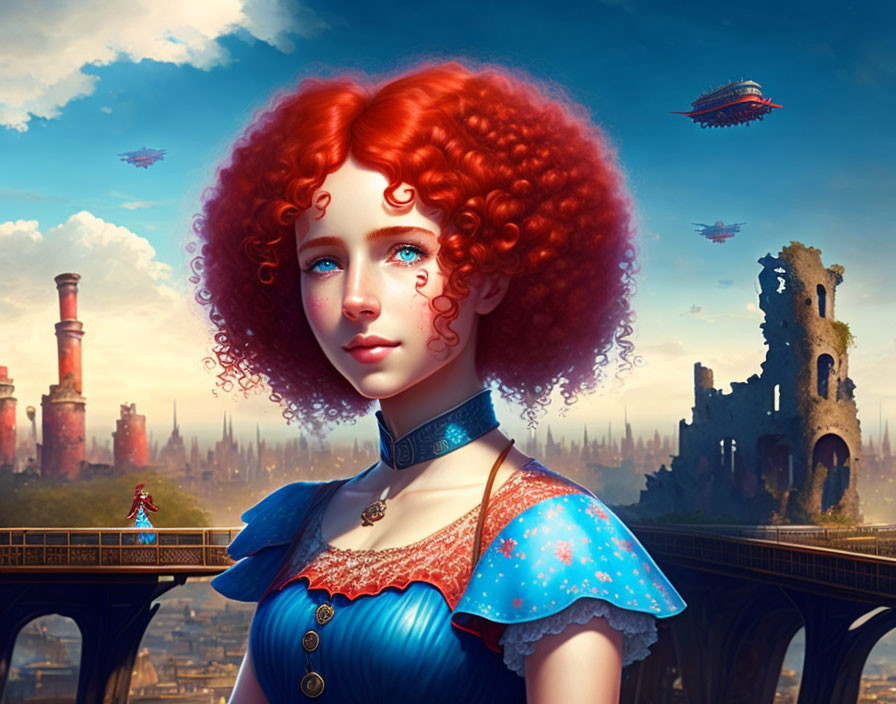 Futuristic digital art: Woman with red hair in cityscape