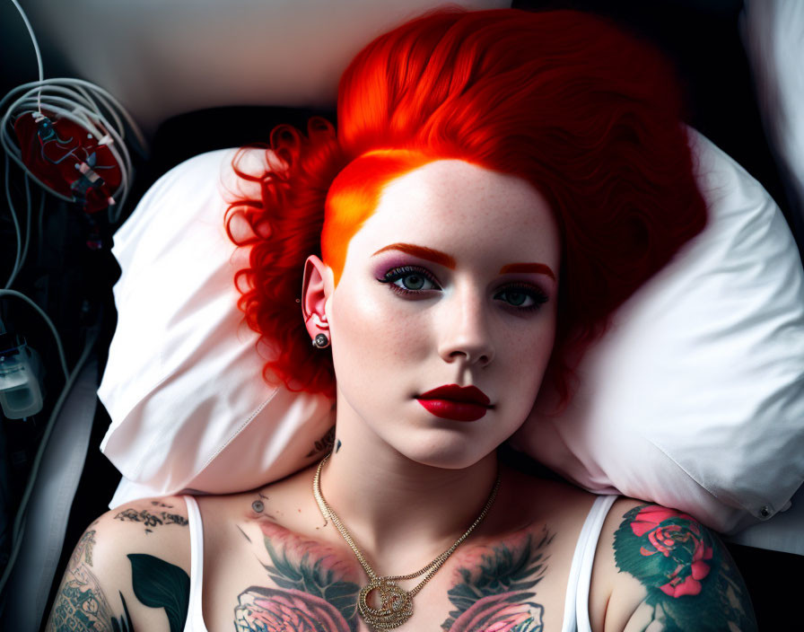 Vibrant red-haired woman with tattoos in bold makeup on white pillows