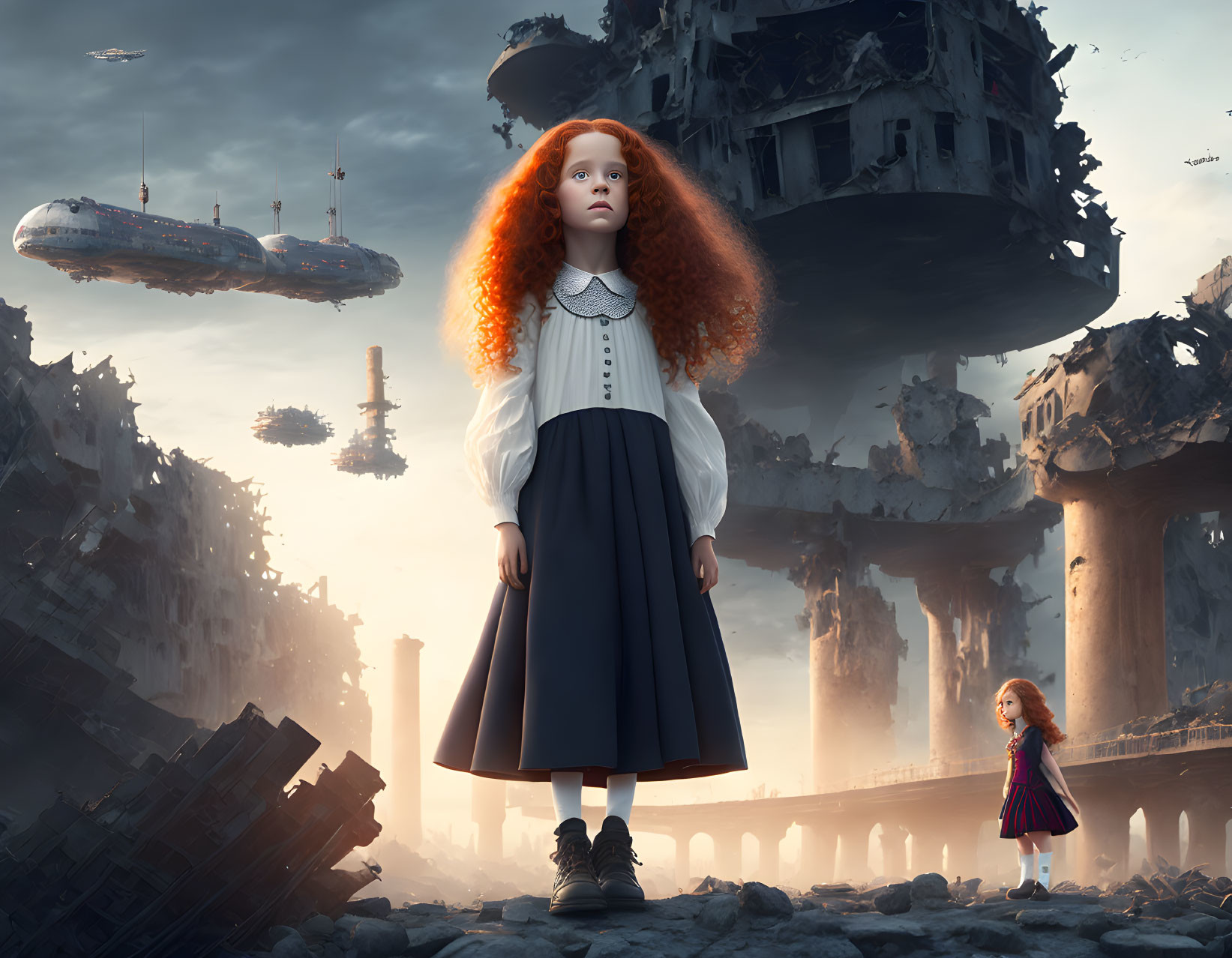 Red-haired young girl in surreal dystopian landscape with floating debris and miniature version.