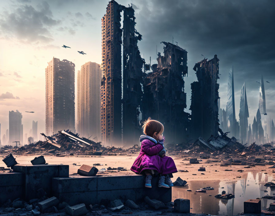 Child in post-apocalyptic cityscape with birds and rubble