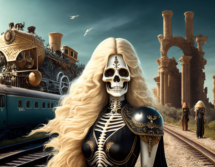 Fantasy illustration of skeleton-faced figure in armor with steam train and ruins.