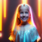 Blond-Haired Girl Smiling Under Neon Lights
