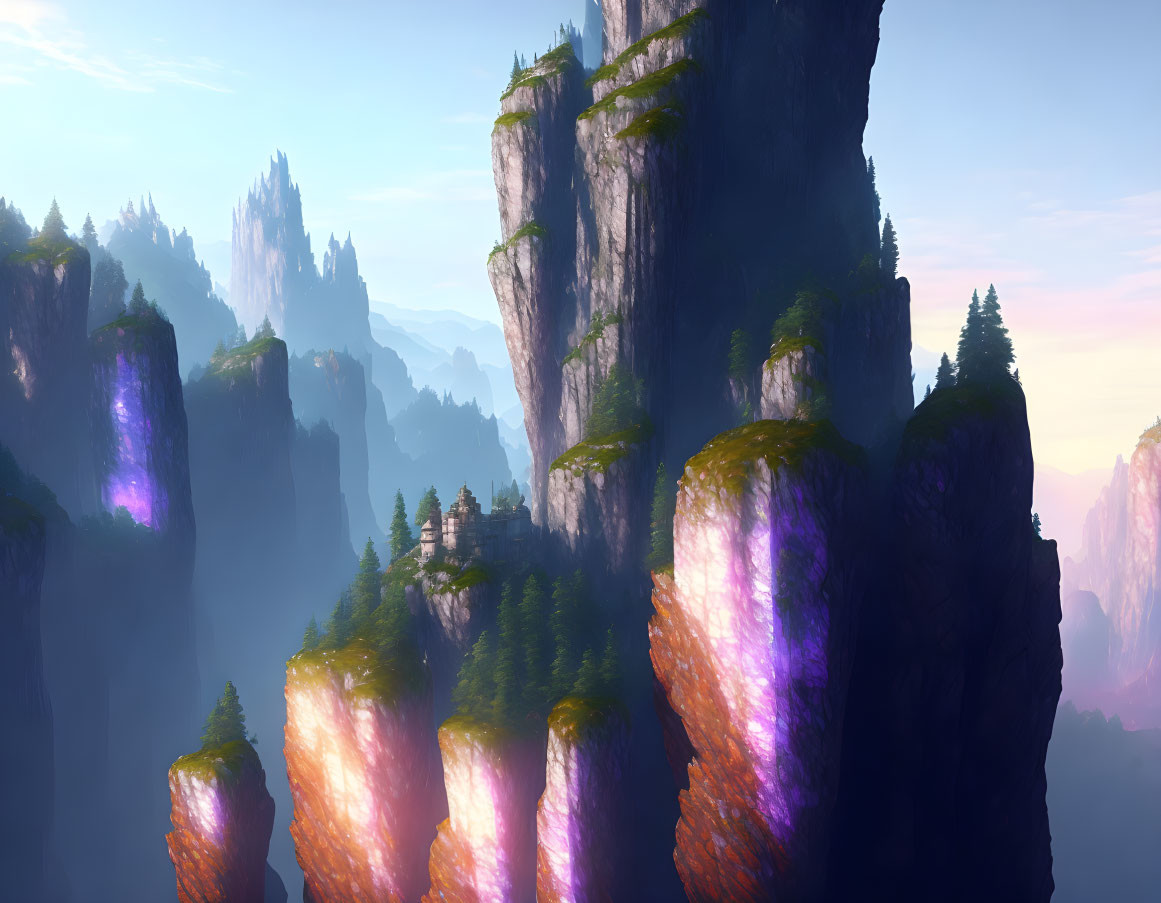 Fantasy landscape with towering cliffs and floating islands in soft purple light