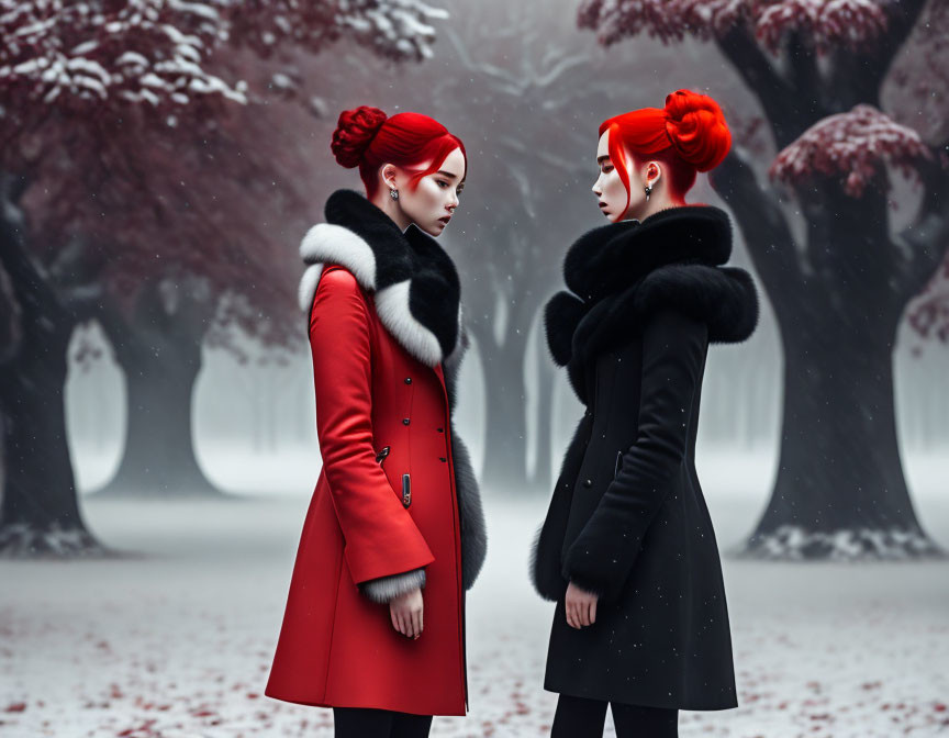 Red-haired women in black and red coats mirror each other in snowy setting