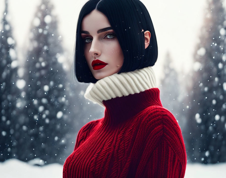 Black-haired woman in red lipstick and sweater in snowy setting