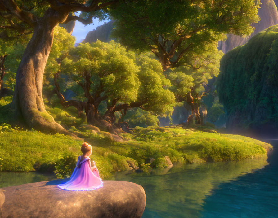 Person in pink dress sitting by water gazing at lush forest landscape
