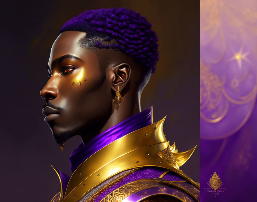 Regal man in purple armor with gold accents and intricate hairstyle
