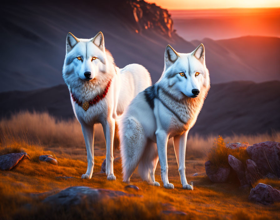 Majestic white wolves on hill at warm sunset