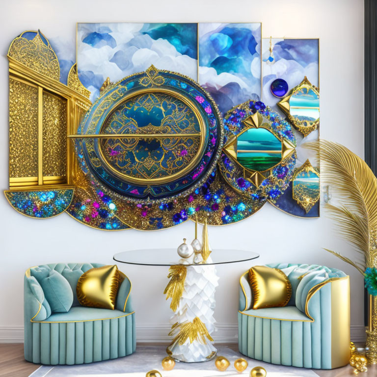 Opulent Room with Gold-Accented Decor and Plush Teal Chairs