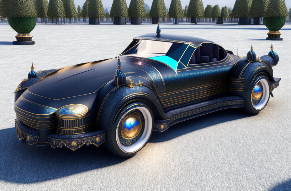 Luxurious Black Retro-Futuristic Car with Gold Trim and Ornate Details in Manicured Cour