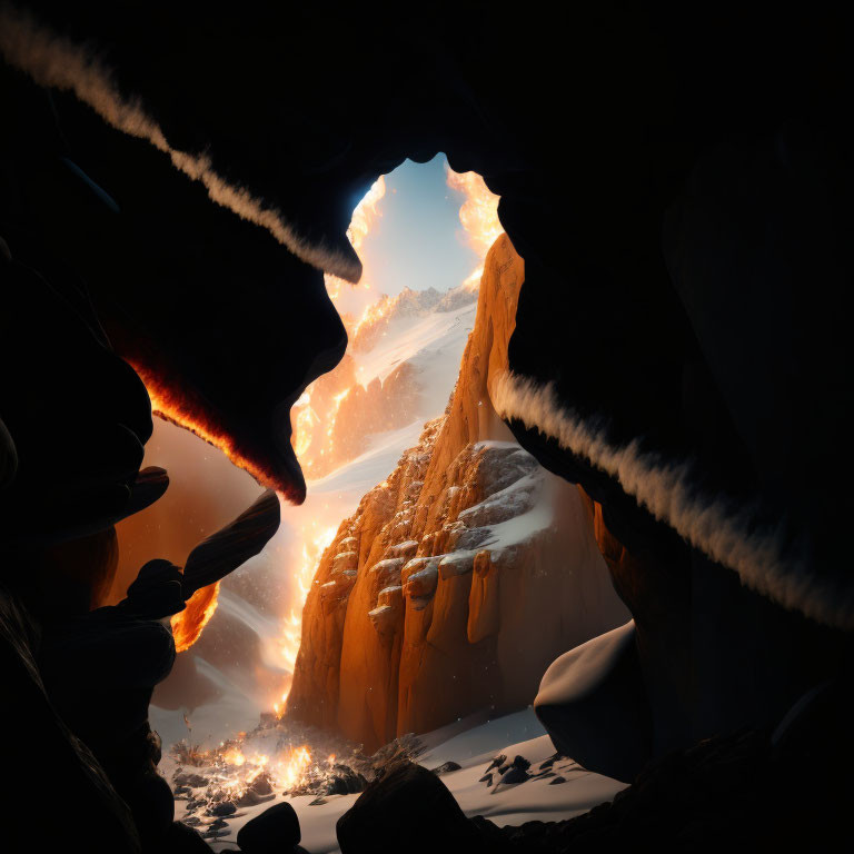 Snowy Mountain Landscape Illuminated by Warm Sunlight from Dark Cave