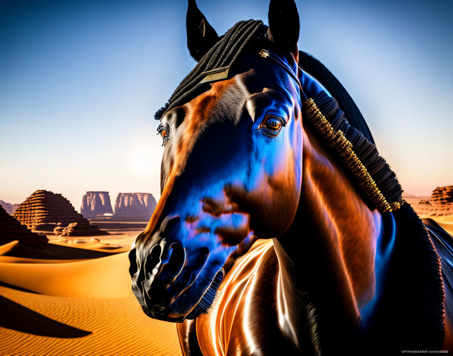 Digitally manipulated image: Horse with blue lighting in desert setting