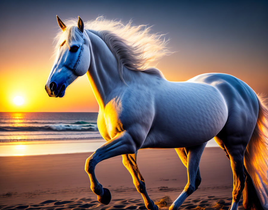 Majestic white horse with flowing mane on sunset beach