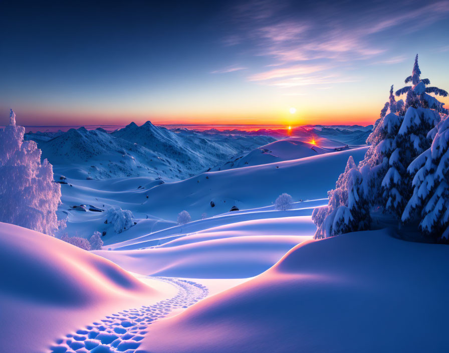 Snowy winter landscape at sunset with snow-covered peaks and frosted trees.