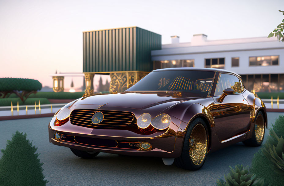Luxurious Brown Car with Golden Wheels Parked Outside Modern House at Sunset