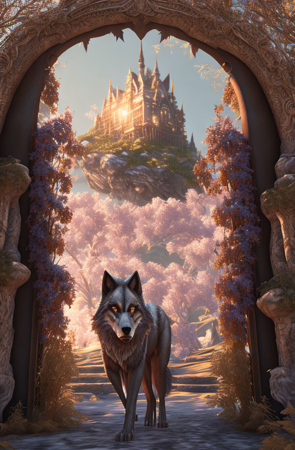 Wolf at ornate gate gazing at floating castle in dreamlike landscape