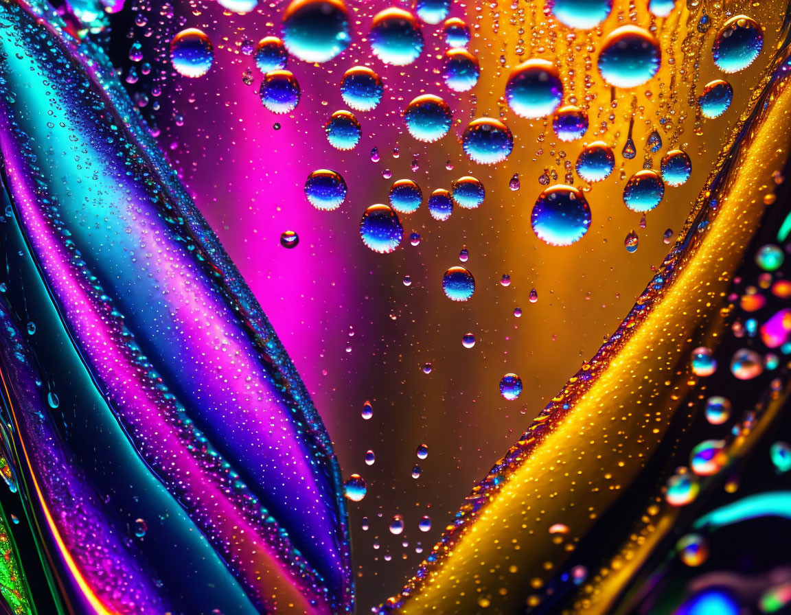 Colorful Water Droplets Macro Photography on Iridescent Surface