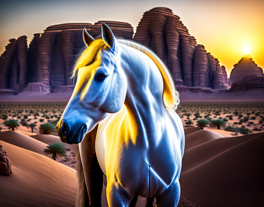 White horse with golden mane in desert sunset scenery