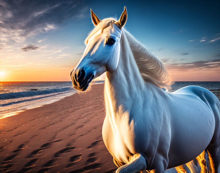White Horse on Sandy Beach at Sunset with Vibrant Sky