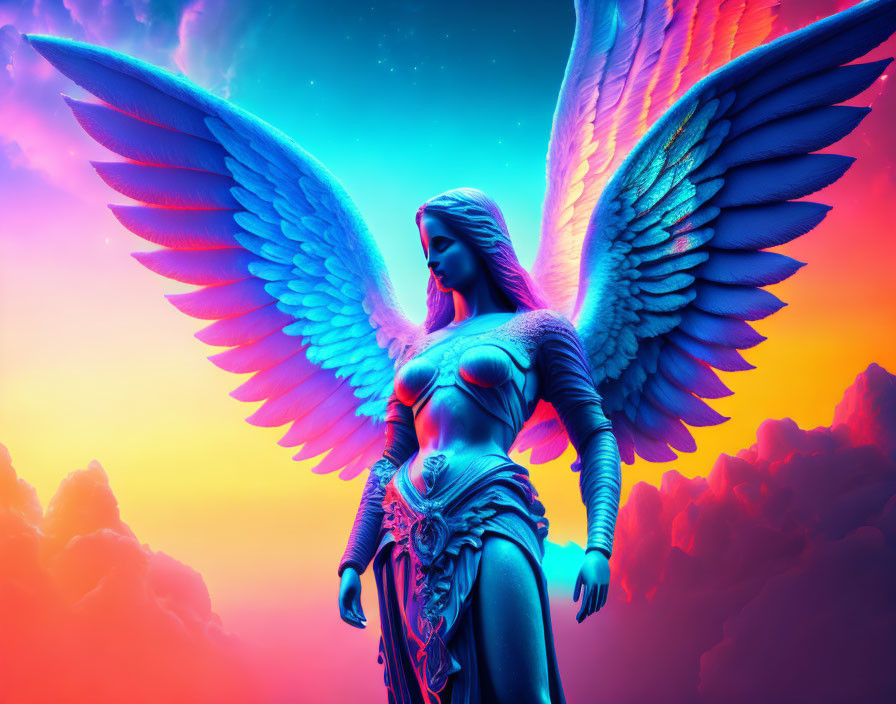 Colorful digital artwork: Angel with expansive wings in neon sky