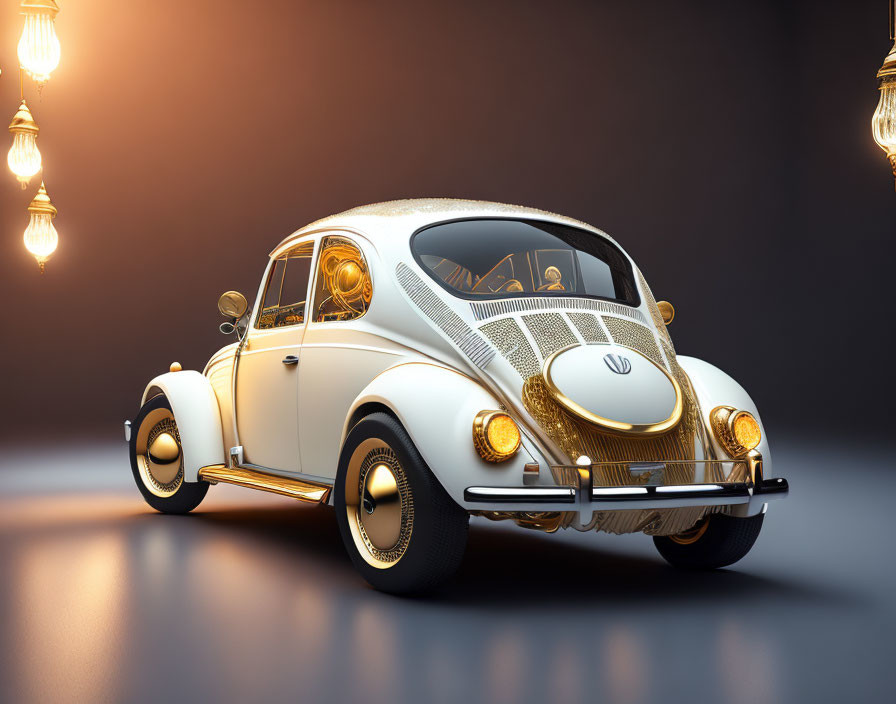 Vintage Volkswagen Beetle Car with Golden Accents on Dark Background