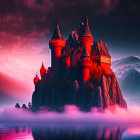 Fantastical crimson castle on rugged cliff above misty lake and mountains at dusk