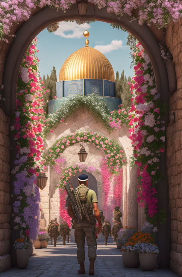 Military soldier with rifle walking under pink flower archway towards sunlit courtyard with domed structure