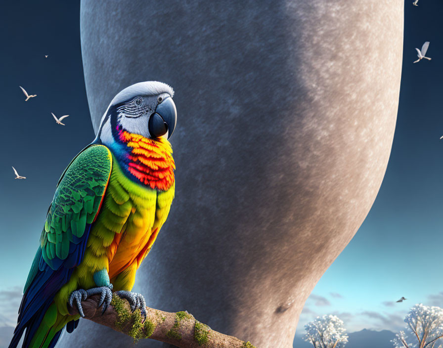 Colorful Macaw on Branch with Moon and Birds in Twilight Sky
