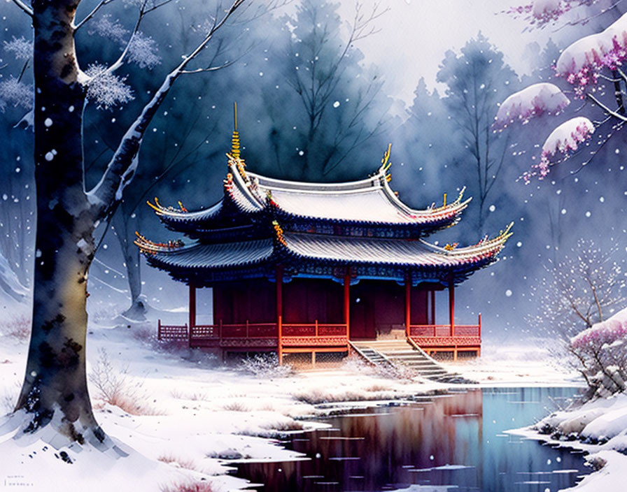 Snowy Asian Pavilion by Tranquil Lake in Winter Landscape