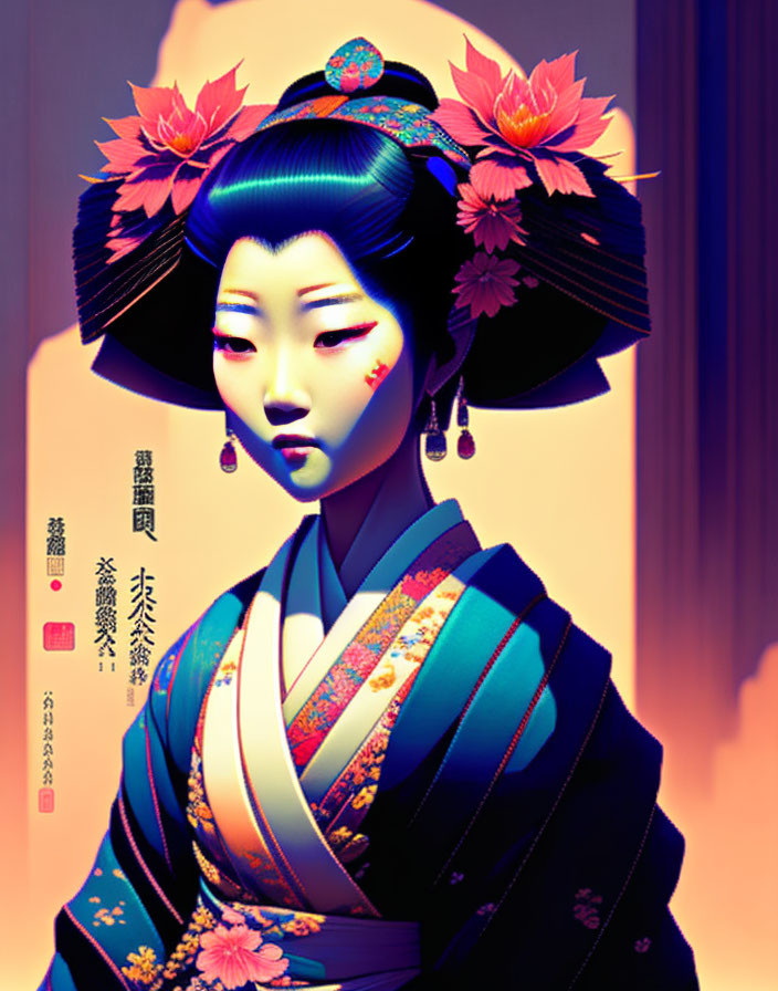 Geisha illustration with elaborate hairstyle in kimono and floral adornments