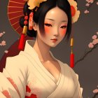 Traditional Asian attire woman with cherry blossom hair adornments serene expression