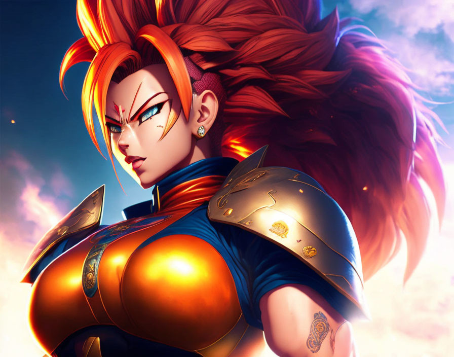 Animated female warrior with red hair in golden armor against dramatic sky
