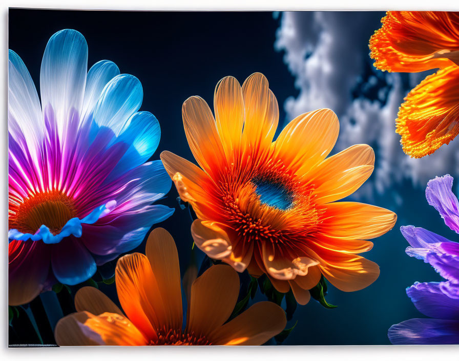 Colorful Close-Up Flowers on Dark Blue Background Displaying Contrast