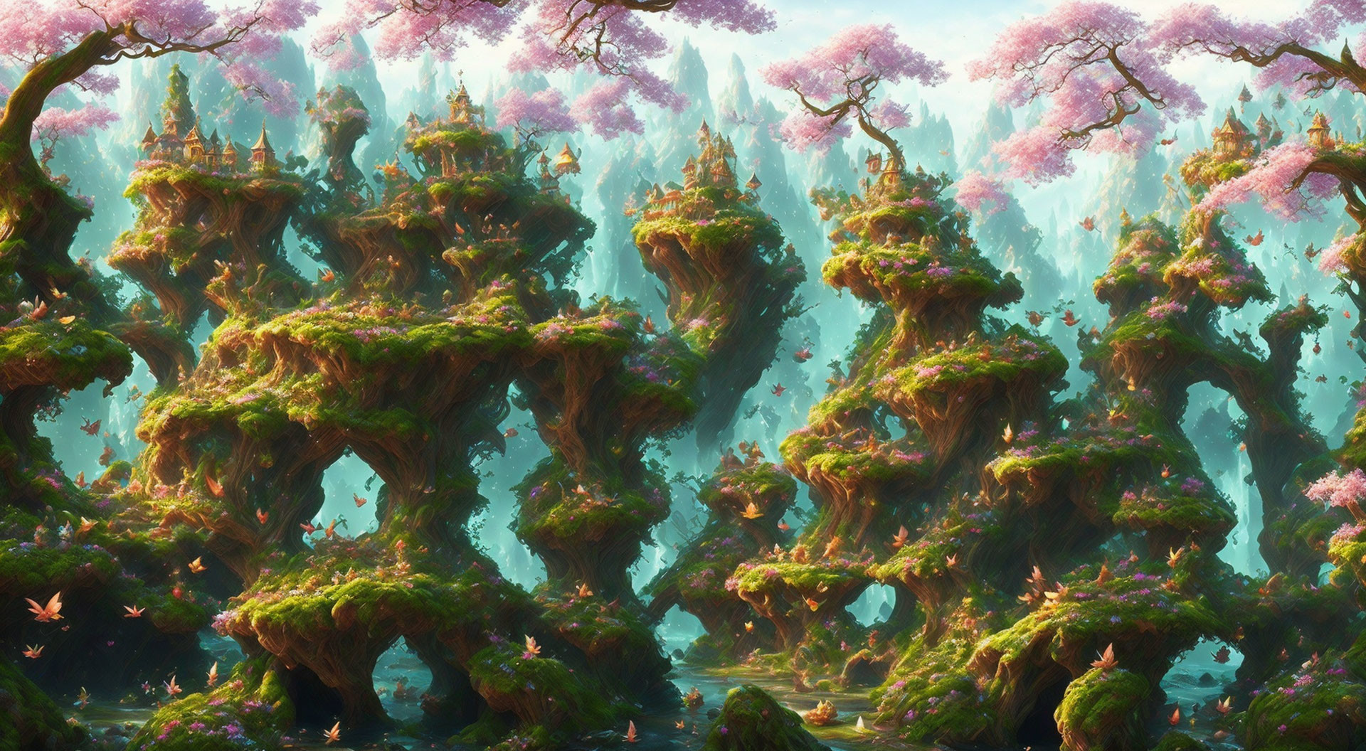 Mossy Rock Formations and Pink Flowering Trees in Fantasy Landscape