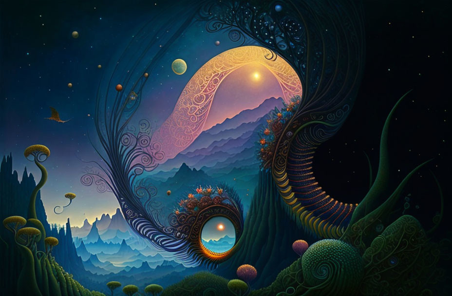 Colorful swirling patterns in a whimsical celestial landscape