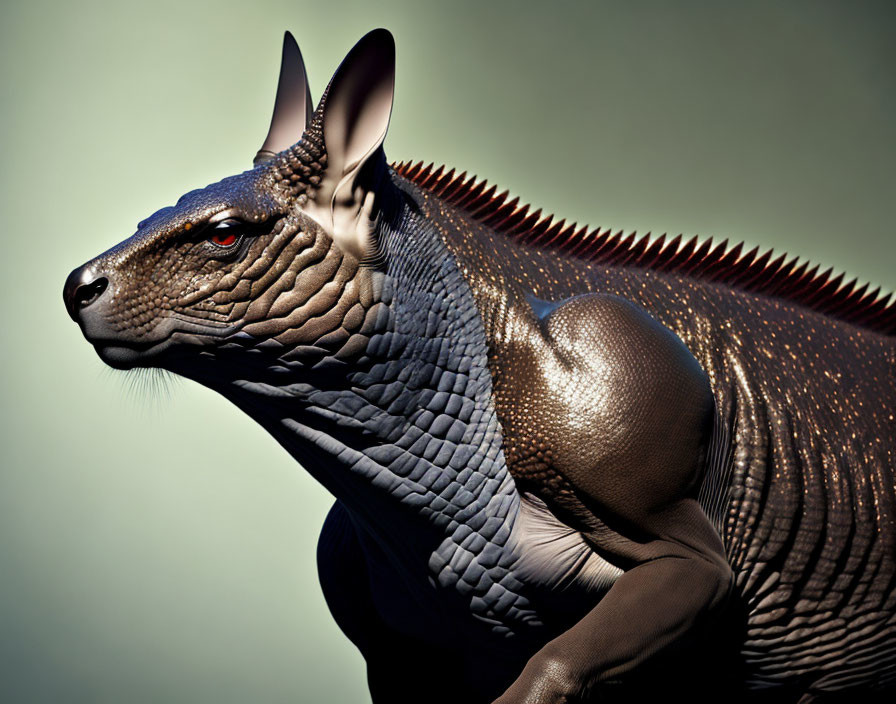 Detailed digital artwork: Lizard-dinosaur hybrid with mammalian face on green background