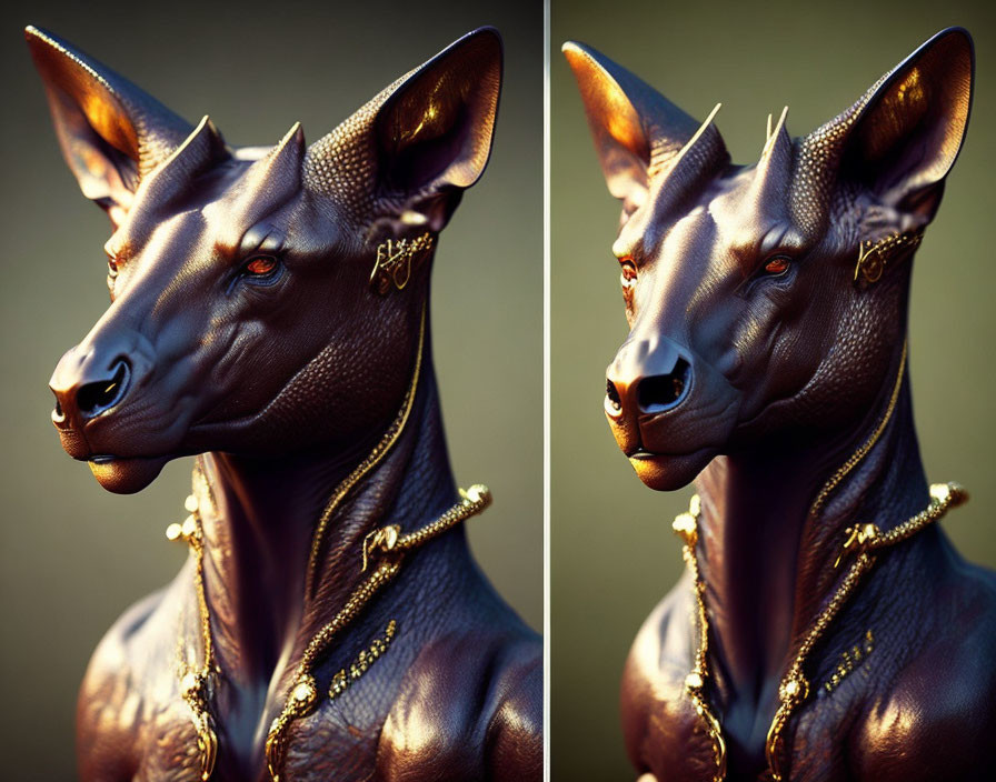 Metallic Stylized Dog Sculpture with Gold Adornments and Intricate Textures in Warm