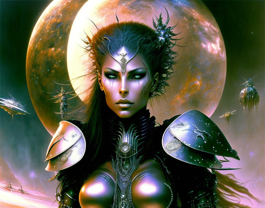 Female warrior in elaborate armor amidst mystical planets and structures