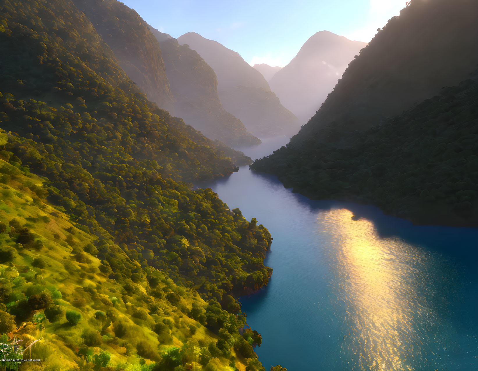 Tranquil sunrise over lush green mountain valley