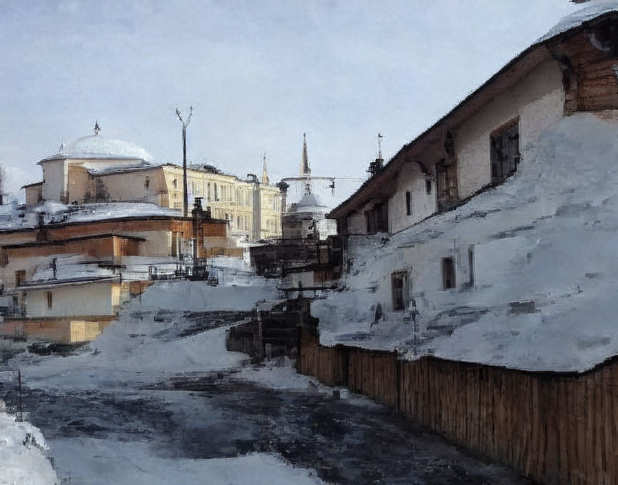 Winter scene: Snow-covered street, traditional buildings, clear sky, sunlight on icy surfaces