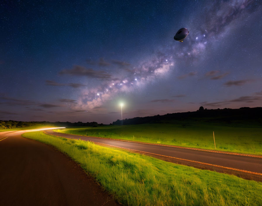 Starry night scene: winding road, glowing edges, UFO, Milky Way