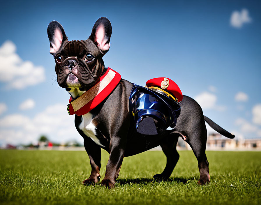 French Bulldog in Police Costume on Grass Under Blue Sky
