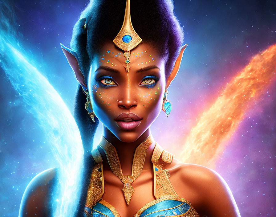 Fantasy portrait of female character with pointed ears and gold jewelry on cosmic backdrop