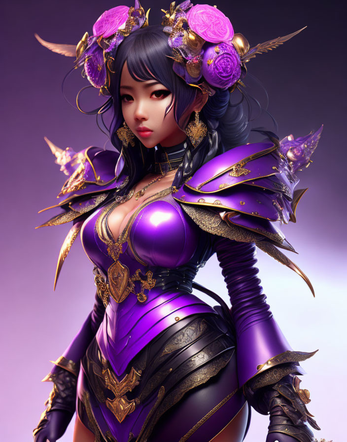 Female character in purple and gold armor with floral and butterfly motifs