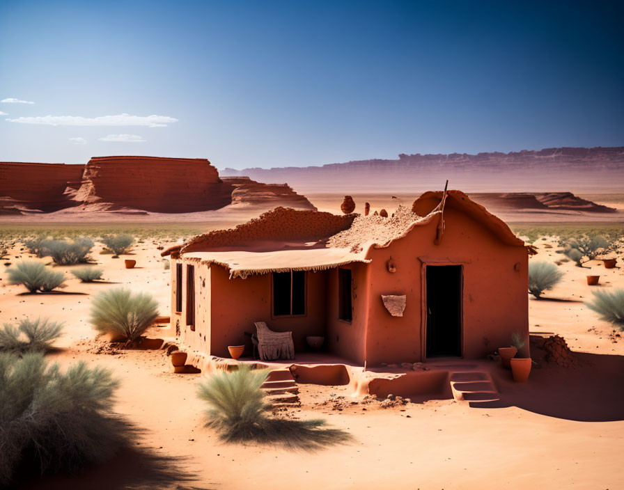 Traditional adobe house in vast desert landscape