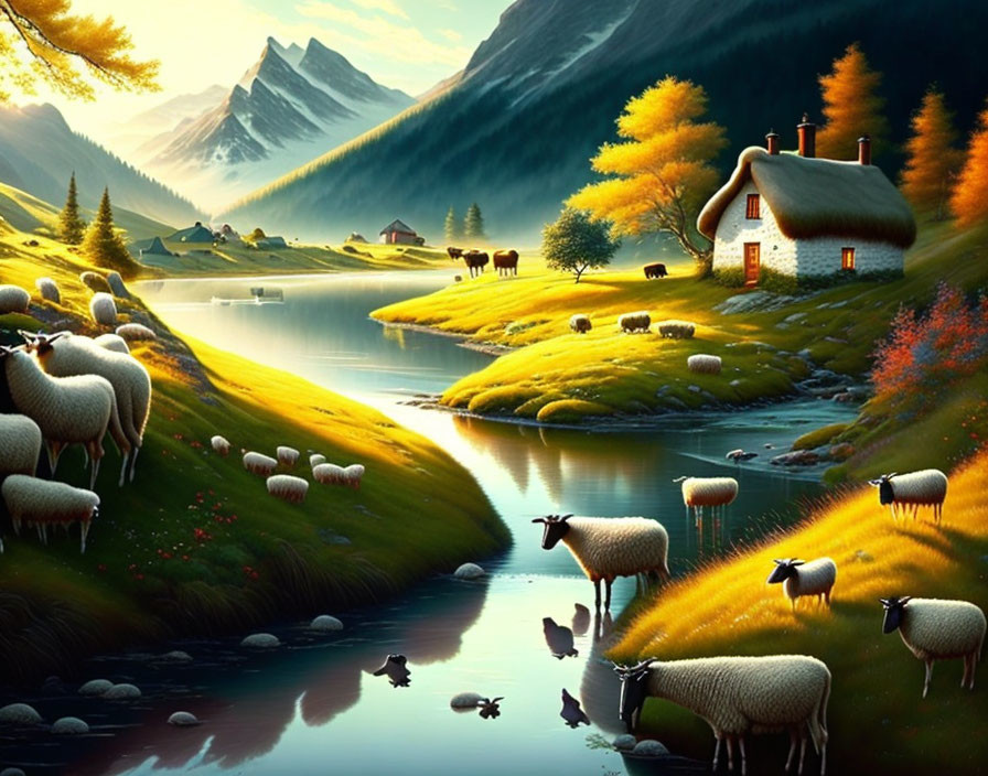 Tranquil valley with cottage, river, sheep, mountains, and sunset