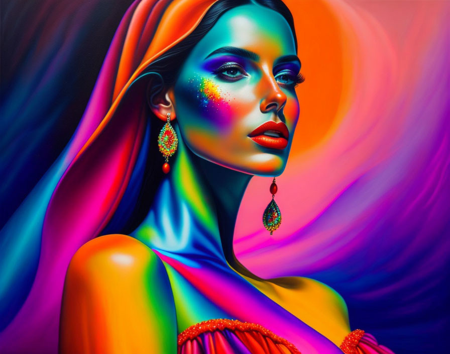 Colorful portrait of a woman with striking makeup and flowing attire against a psychedelic backdrop