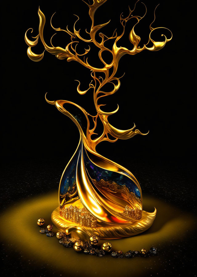 Golden tree with fluid base and sparkling orbs on dark background