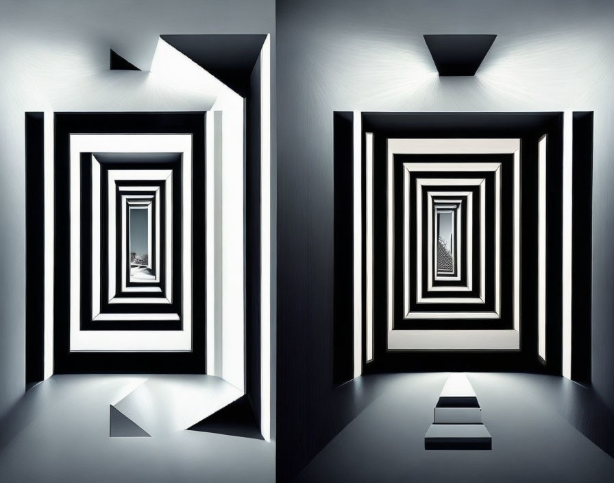 Symmetrical rooms with striped walls and triangular sculptures
