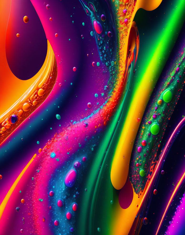 Colorful Abstract Art: Neon Swirls and Glossy Bubbles for a Psychedelic Look